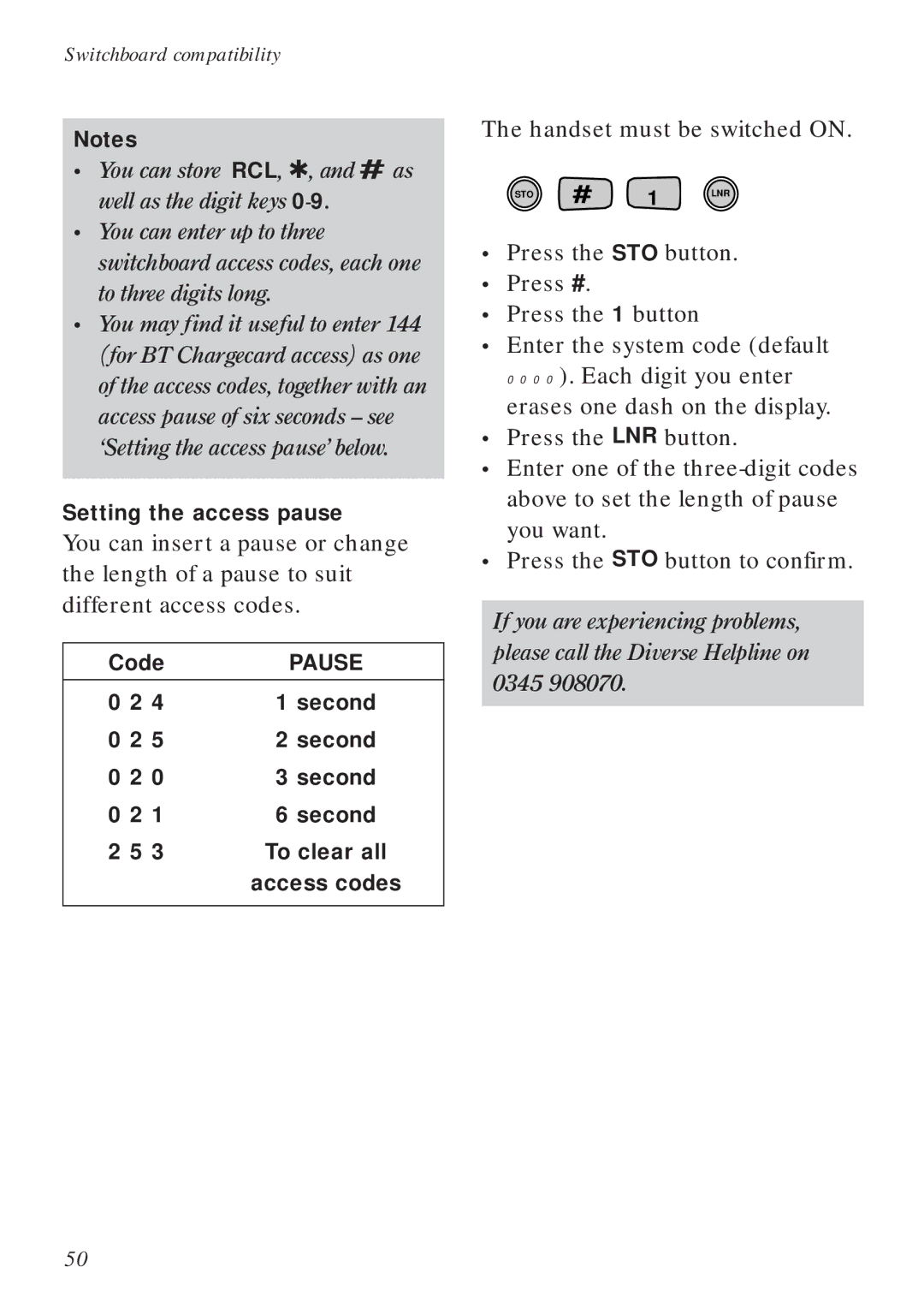 BT Diverse 2015 manual Setting the access pause, Code, Second, To clear all, Access codes 