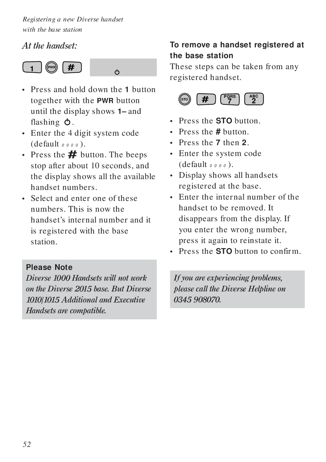 BT Diverse 2015 manual At the handset, Please Note, To remove a handset registered at the base station 