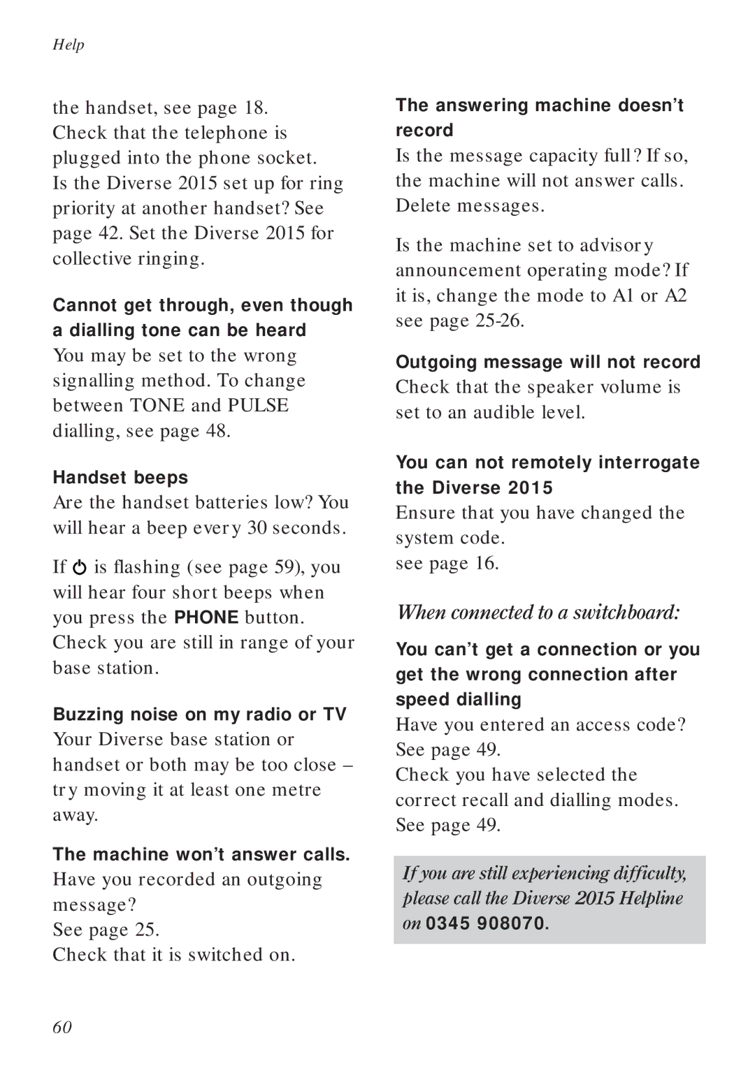 BT Diverse 2015 manual When connected to a switchboard 