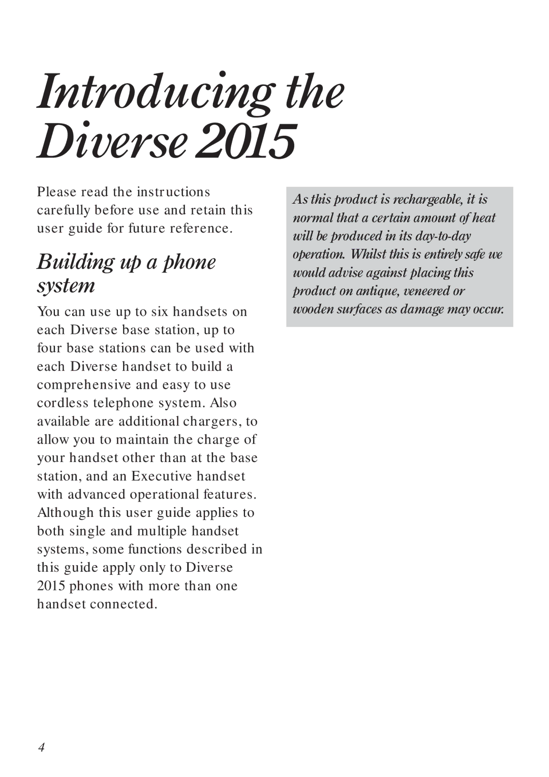 BT Diverse 2015 manual Introducing the Diverse2015, Building up a phone system 