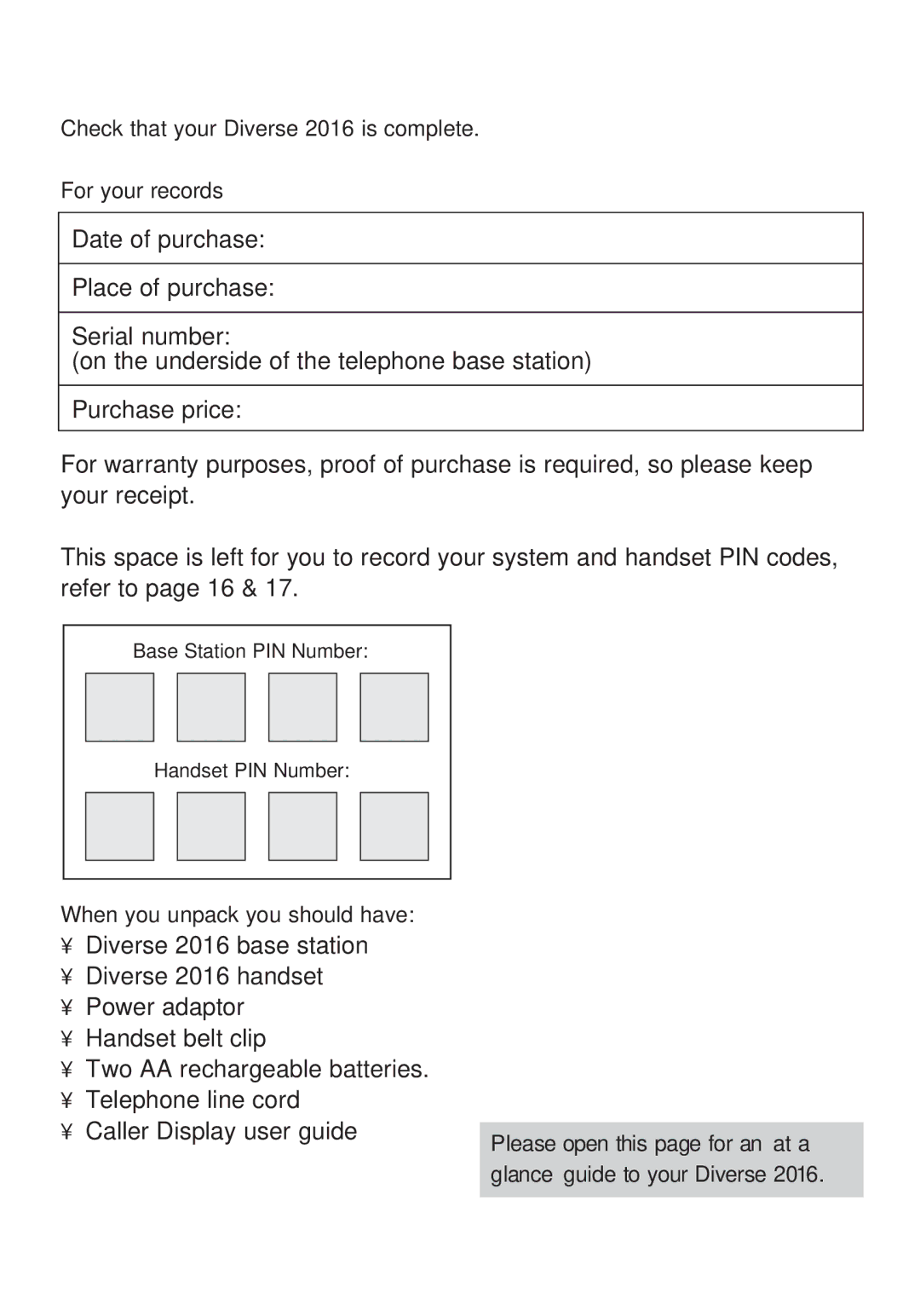 BT manual Caller Display user guide, Check that your Diverse 2016 is complete For your records 