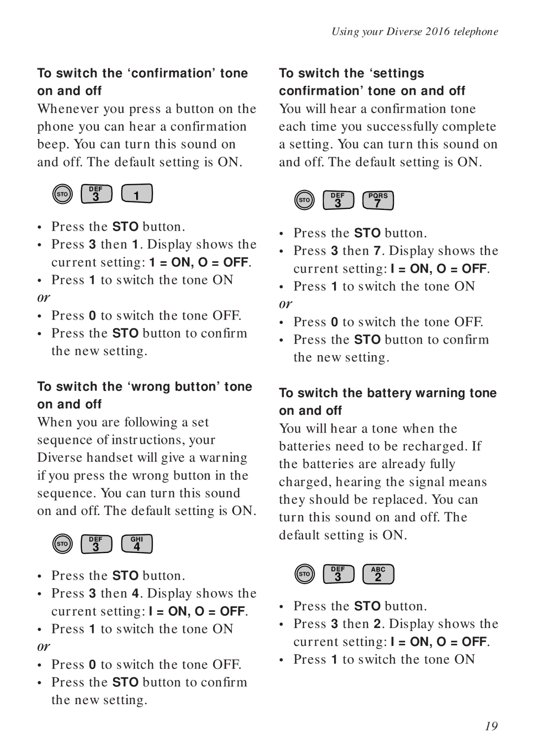 BT Diverse 2016 manual To switch the ‘confirmation’ tone on and off, To switch the ‘wrong button’ tone on and off 