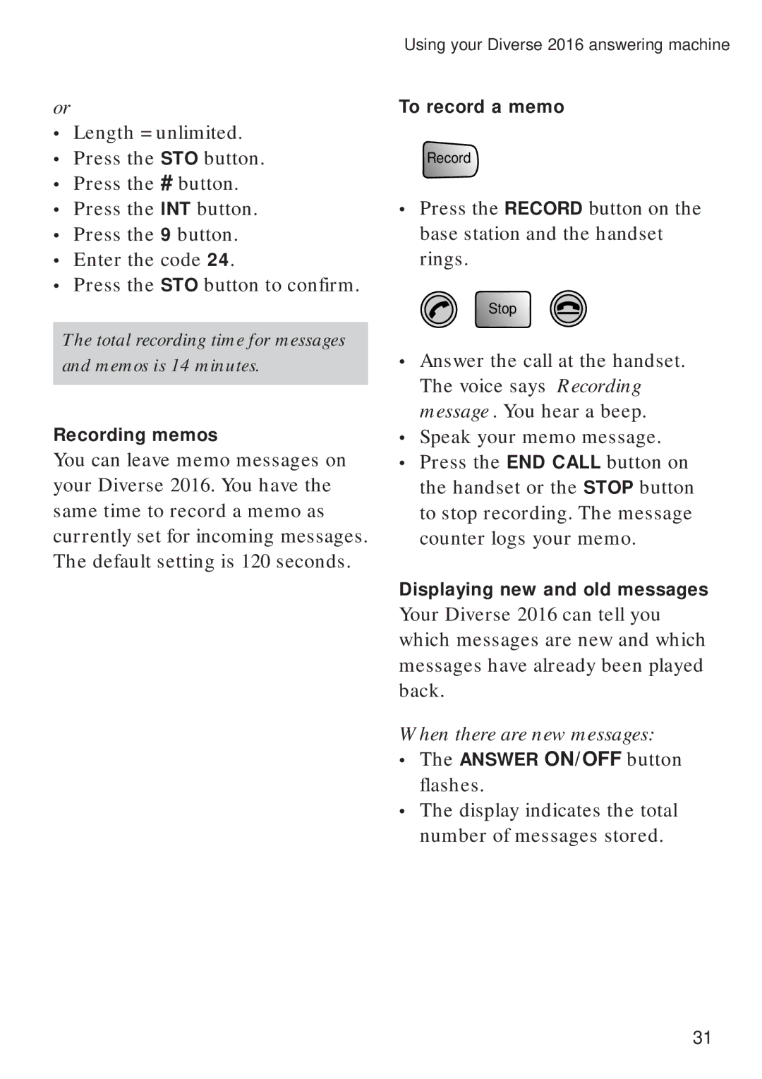 BT Diverse 2016 manual When there are new messages, Recording memos, To record a memo, Displaying new and old messages 