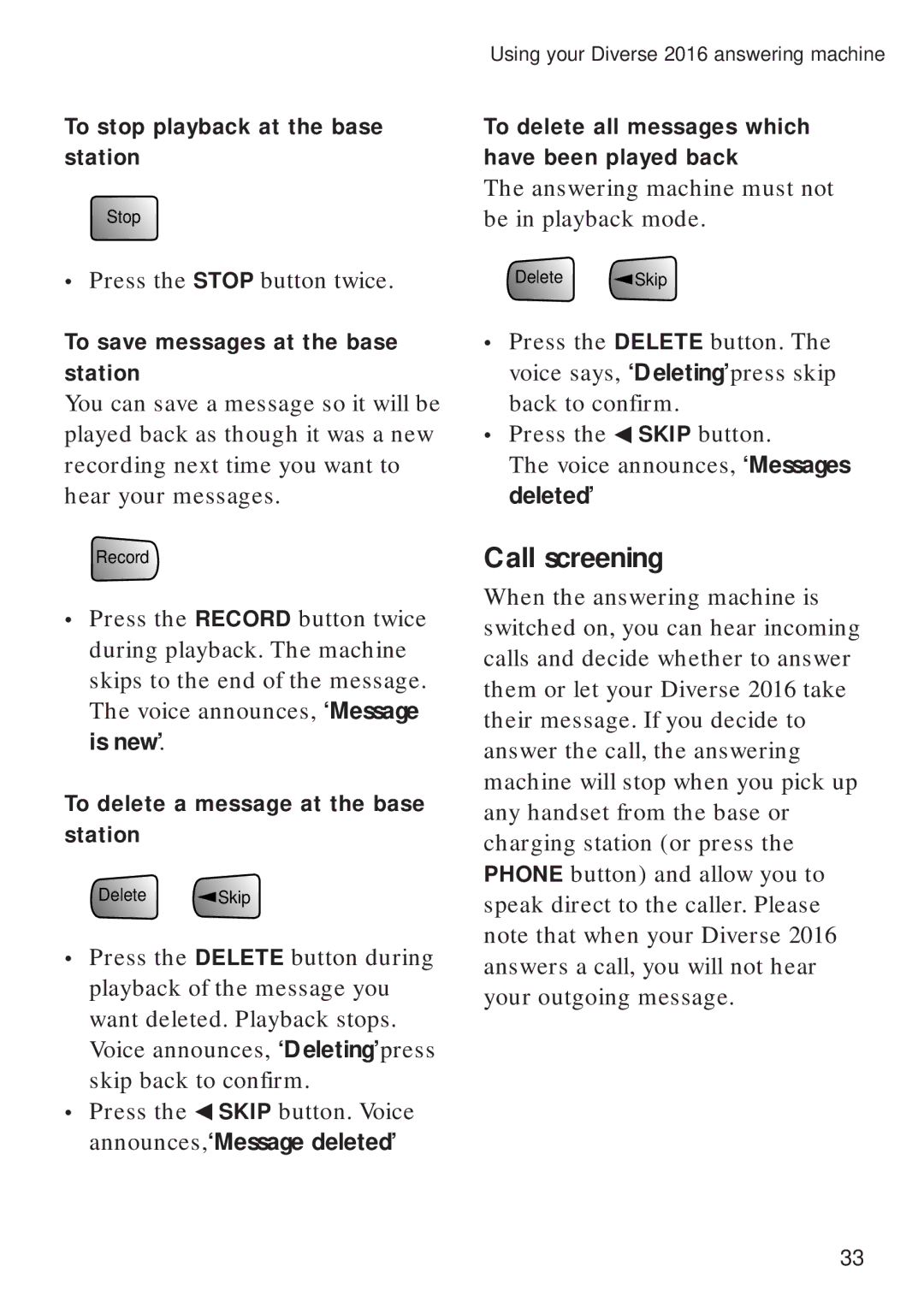 BT Diverse 2016 manual To stop playback at the base station, To save messages at the base station 