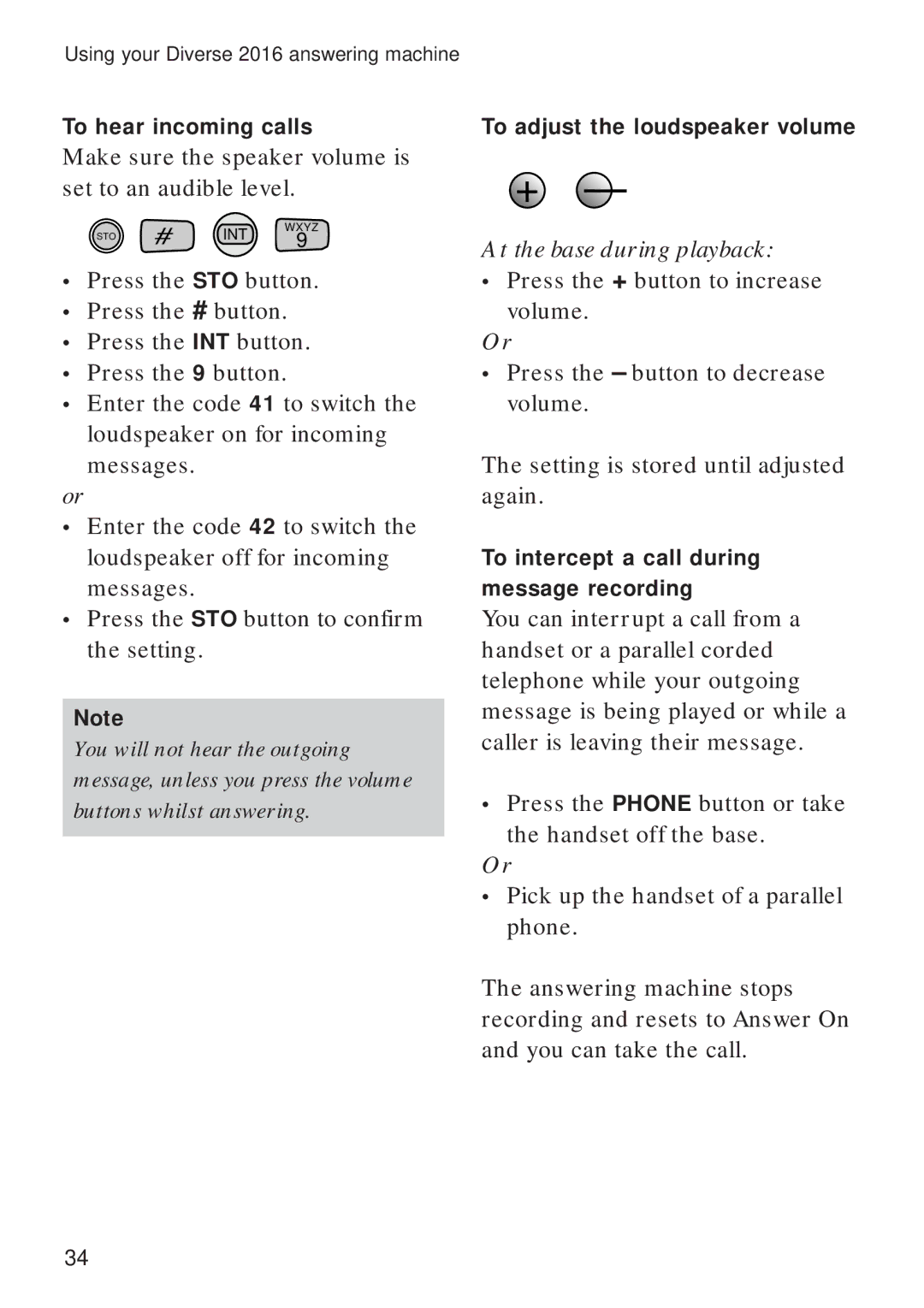 BT Diverse 2016 manual At the base during playback, To hear incoming calls, To adjust the loudspeaker volume 