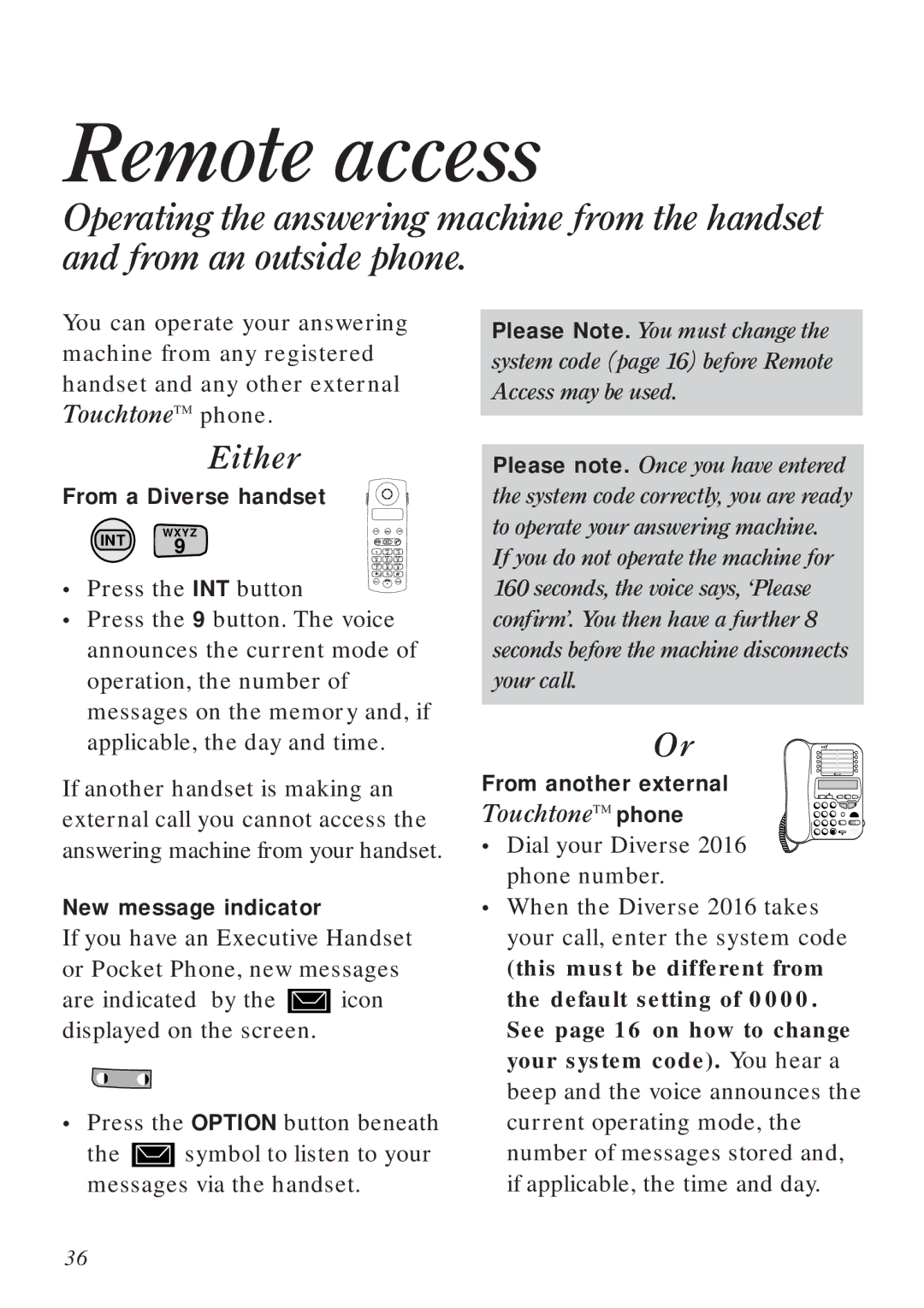 BT Diverse 2016 Remote access, TouchtoneTM phone, From a Diverse handset, New message indicator, From another external 