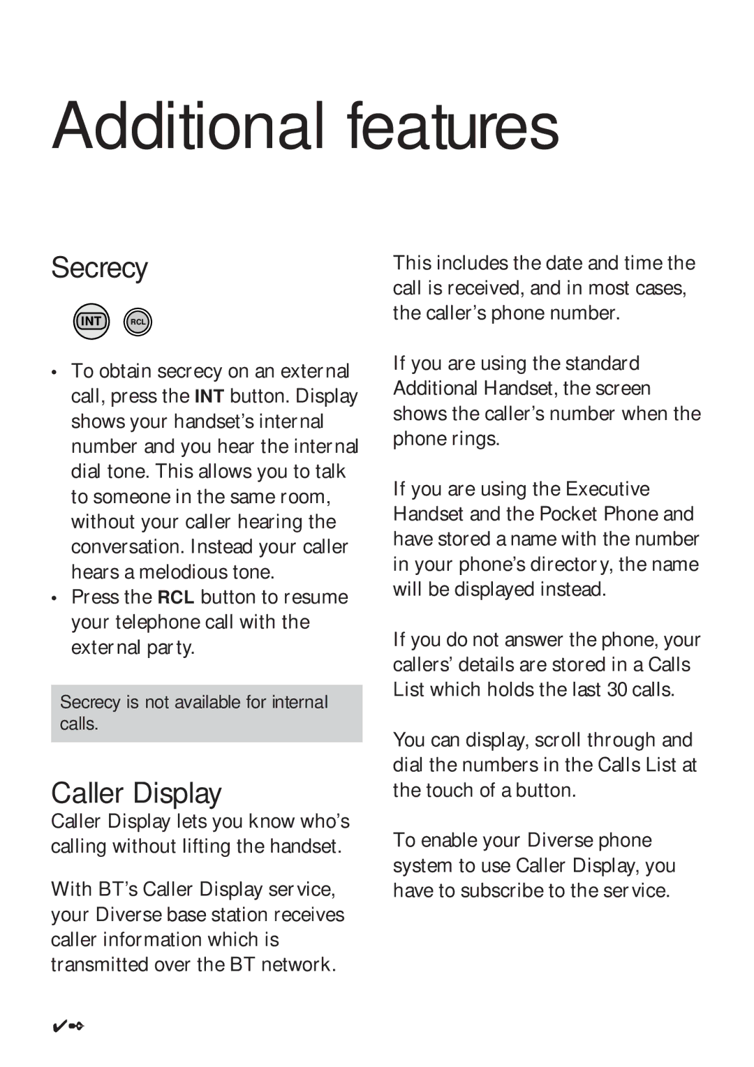 BT Diverse 2016 manual Additional features, Secrecy, Caller Display 