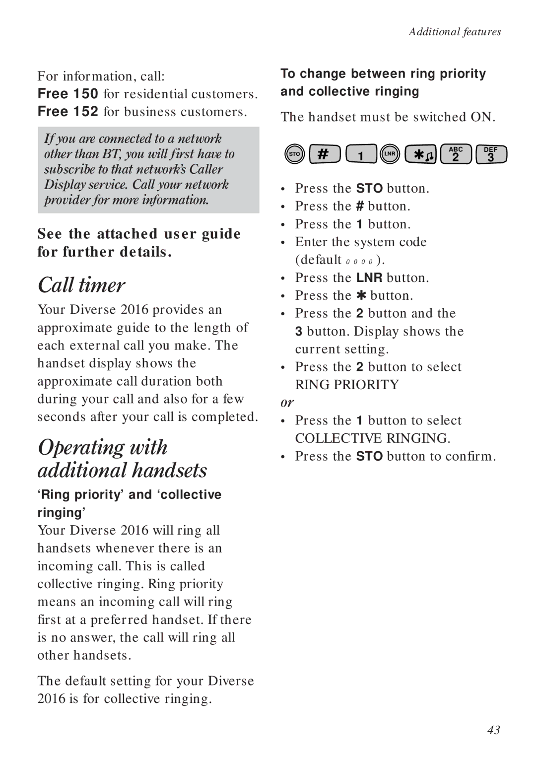 BT Diverse 2016 manual Call timer, Operating with additional handsets, ‘Ring priority’ and ‘collective ringing’ 