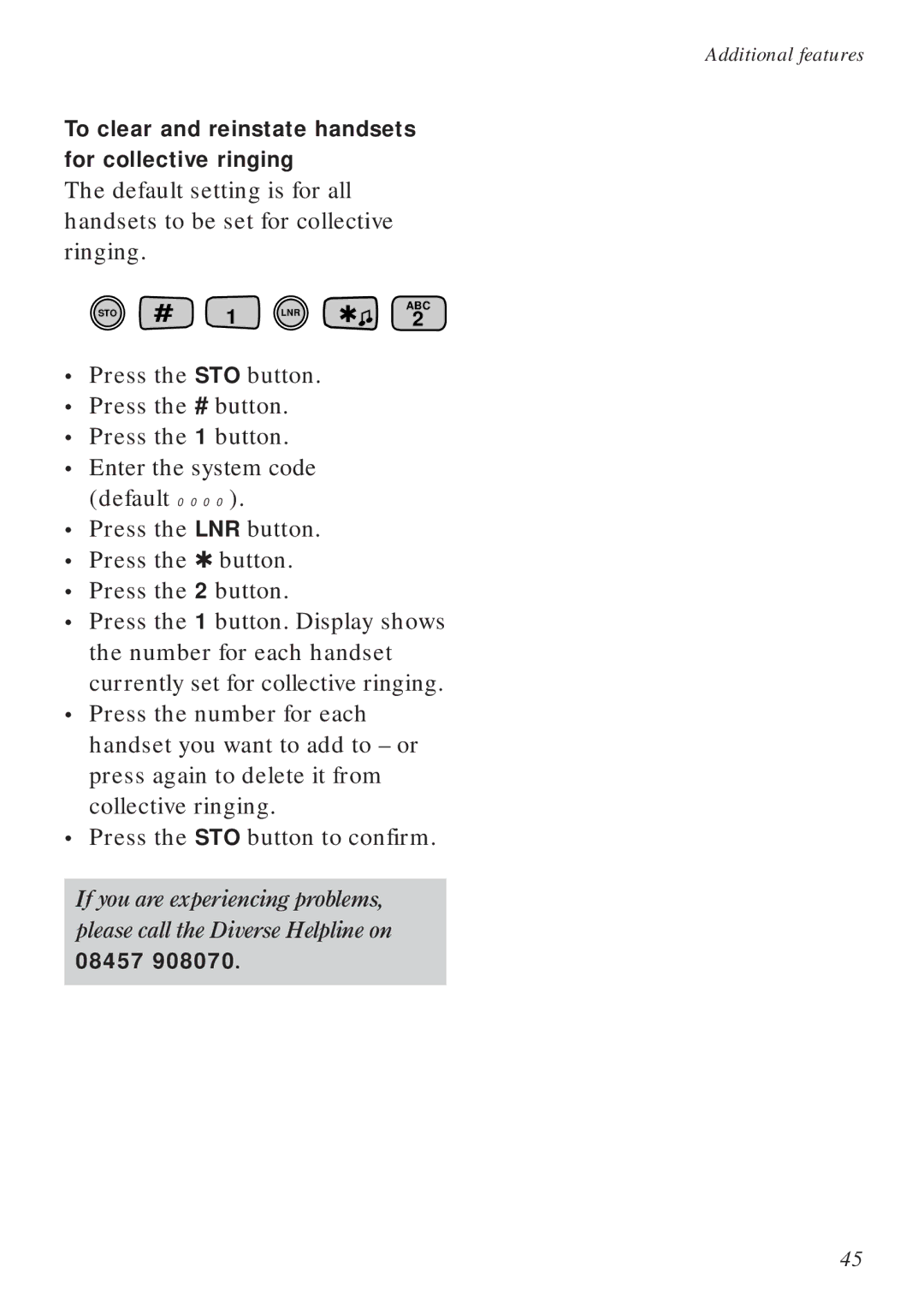 BT Diverse 2016 manual To clear and reinstate handsets for collective ringing, 08457 