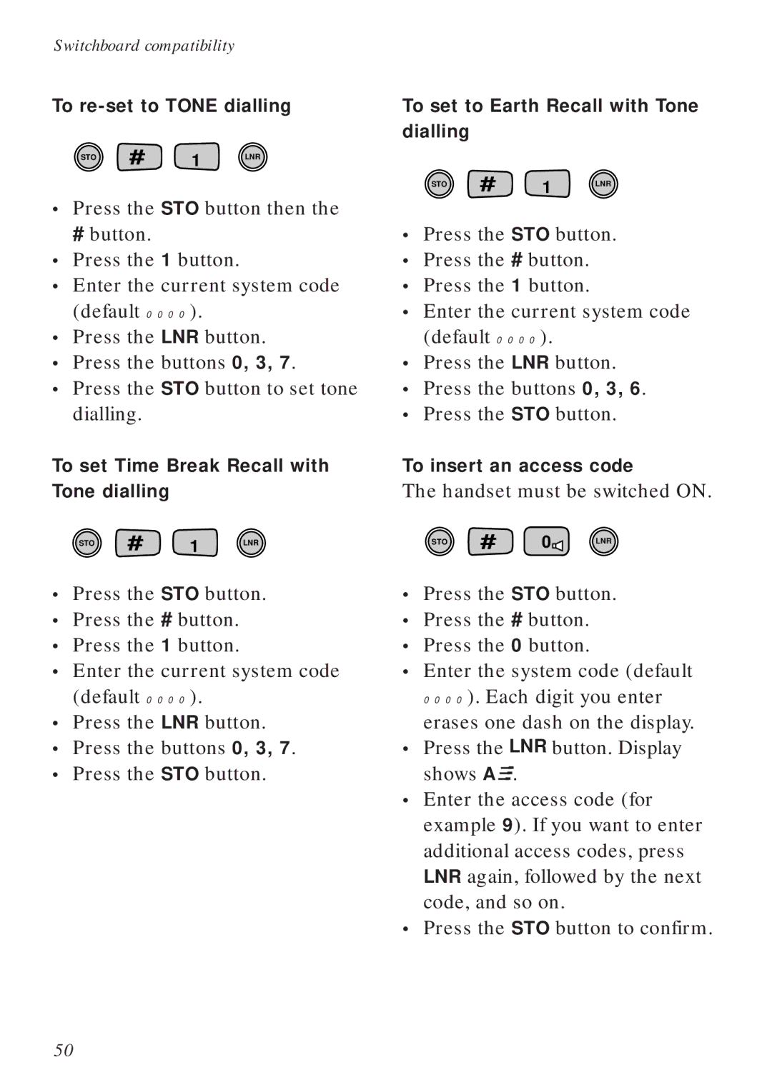 BT Diverse 2016 manual To re-set to Tone dialling, To set Time Break Recall with Tone dialling, To insert an access code 