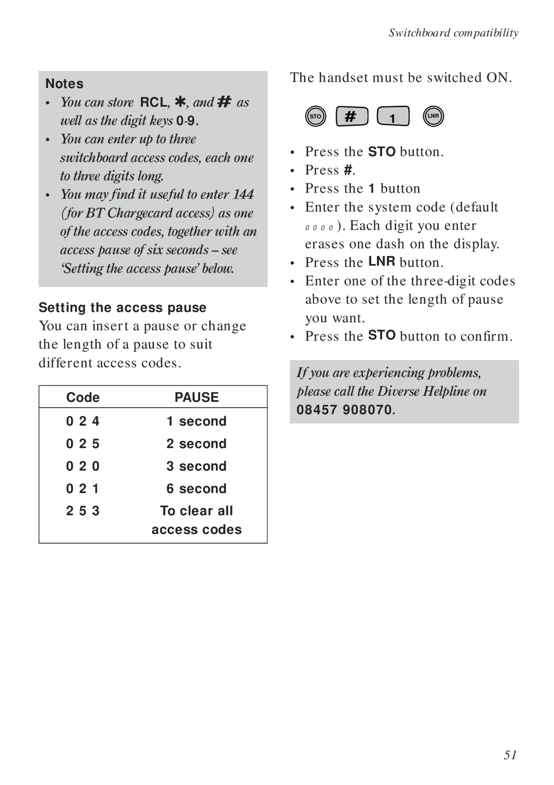 BT Diverse 2016 manual Setting the access pause, Code, Second, To clear all, Access codes 