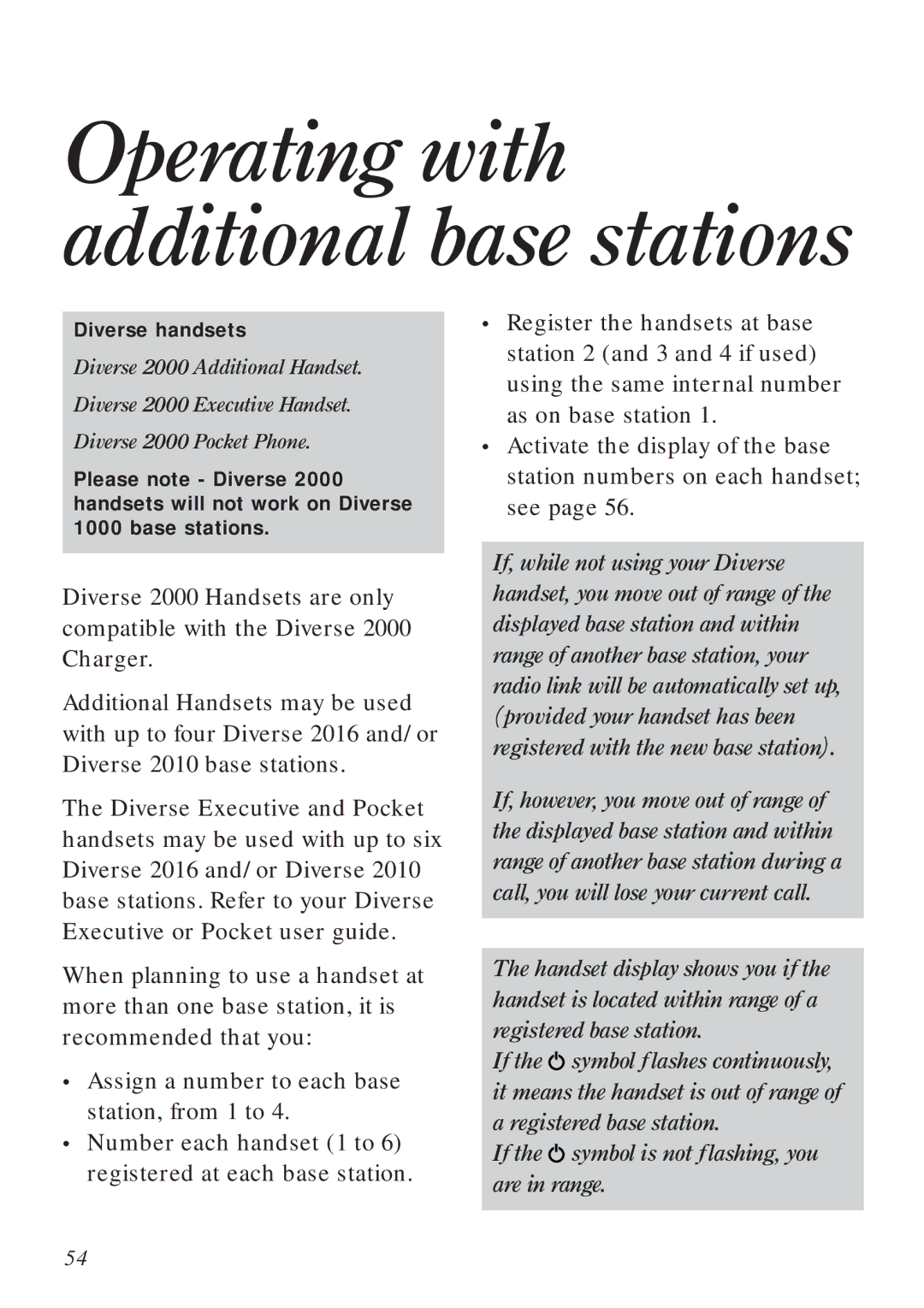 BT Diverse 2016 manual Operating with additional base stations 