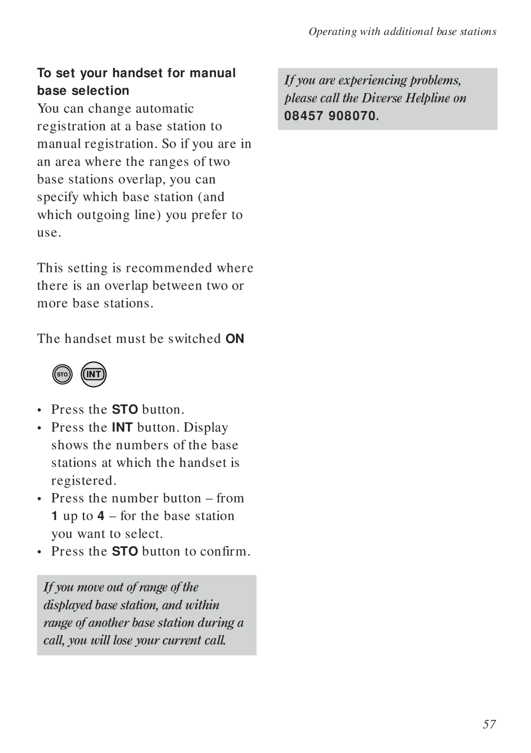 BT Diverse 2016 To set your handset for manual base selection, 08457 