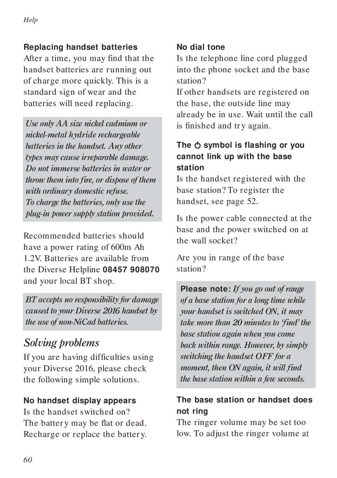 BT Diverse 2016 manual Replacing handset batteries, No handset display appears, No dial tone 
