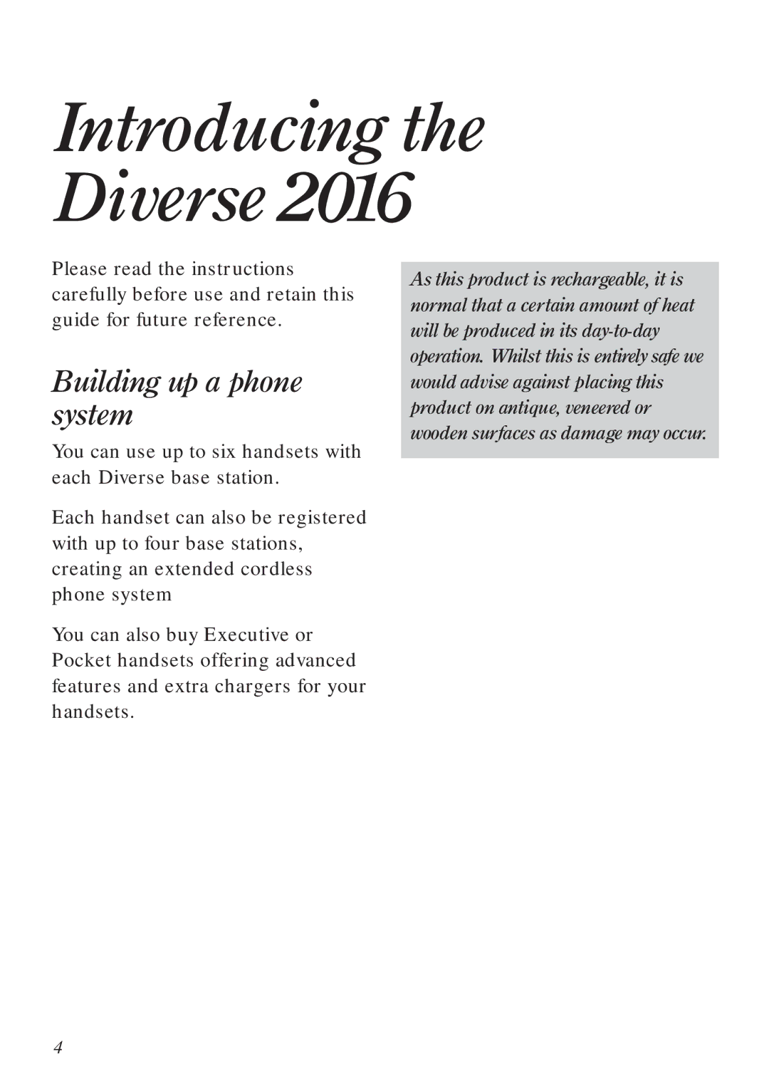 BT Diverse 2016 manual Introducing the Diverse2016, Building up a phone system 