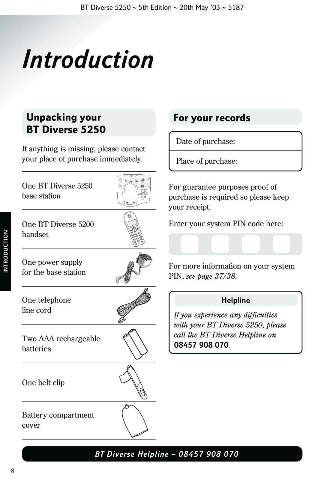 BT Diverse 5250 manual Introduction, Unpacking your BT Diverse, For your records 