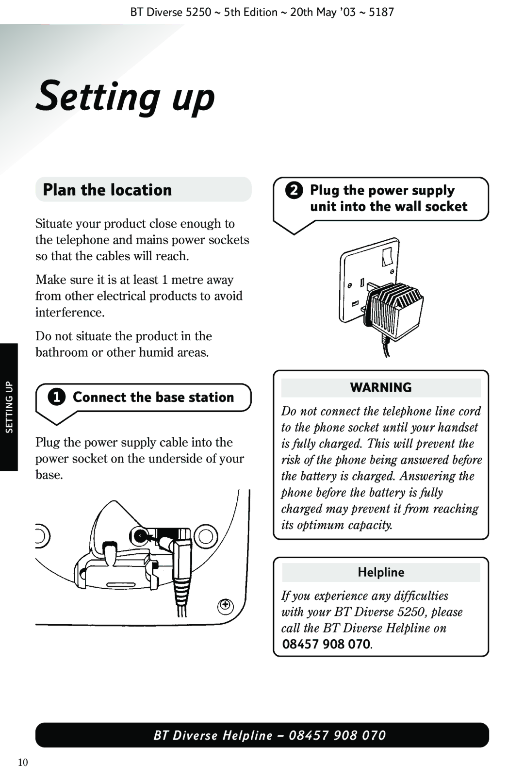 BT Diverse 5250 Setting up, Plan the location, Connect the base station, Plug the power supply unit into the wall socket 