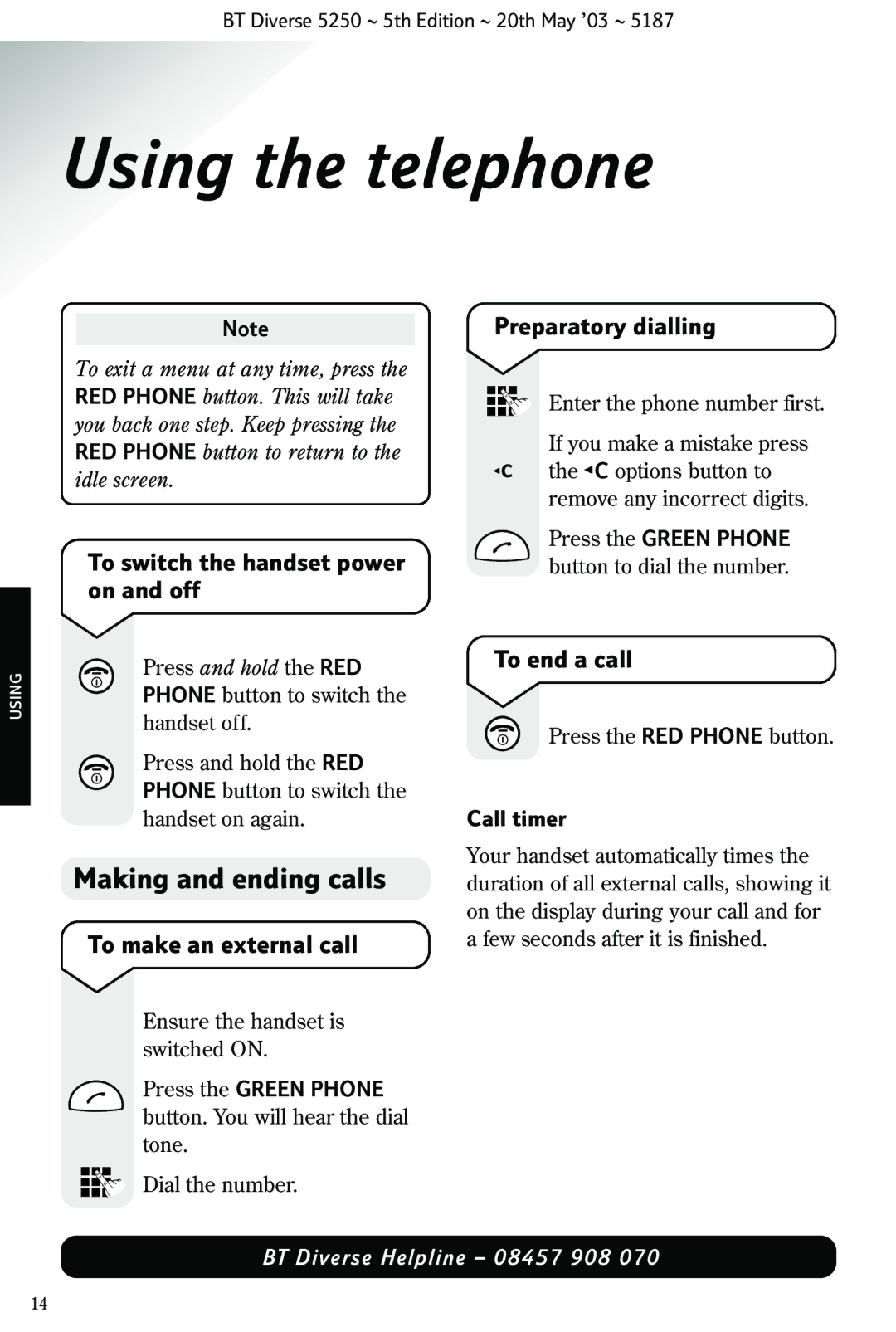 BT Diverse 5250 manual Using the telephone, Making and ending calls 