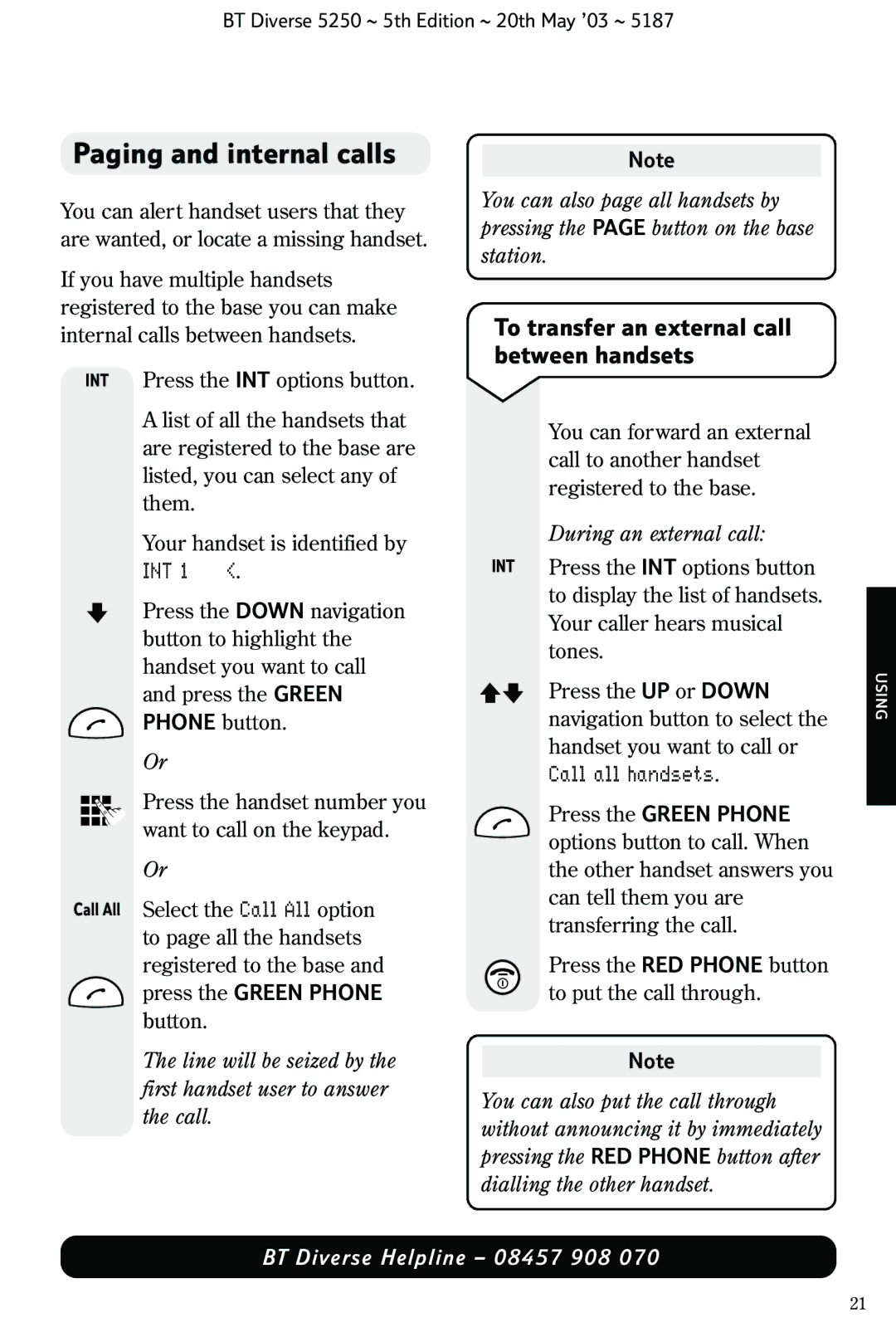 BT Diverse 5250 manual Paging and internal calls, To transfer an external call between handsets, During an external call 