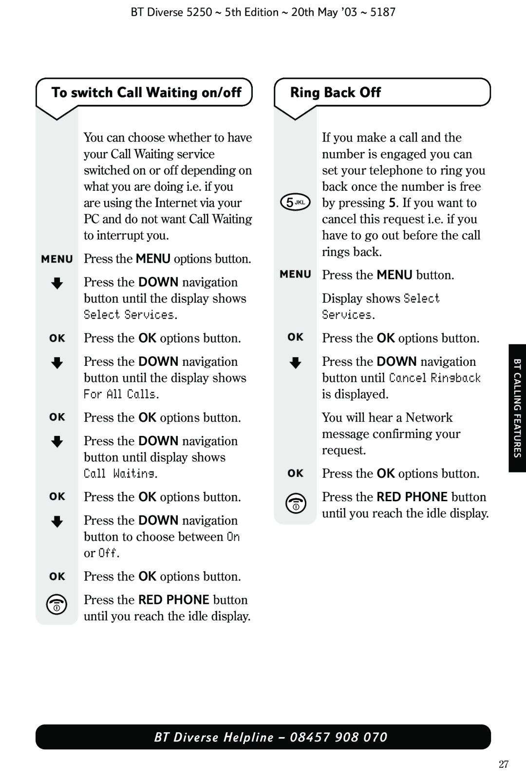 BT Diverse 5250 manual To switch Call Waiting on/off, Ring Back Off, Services 