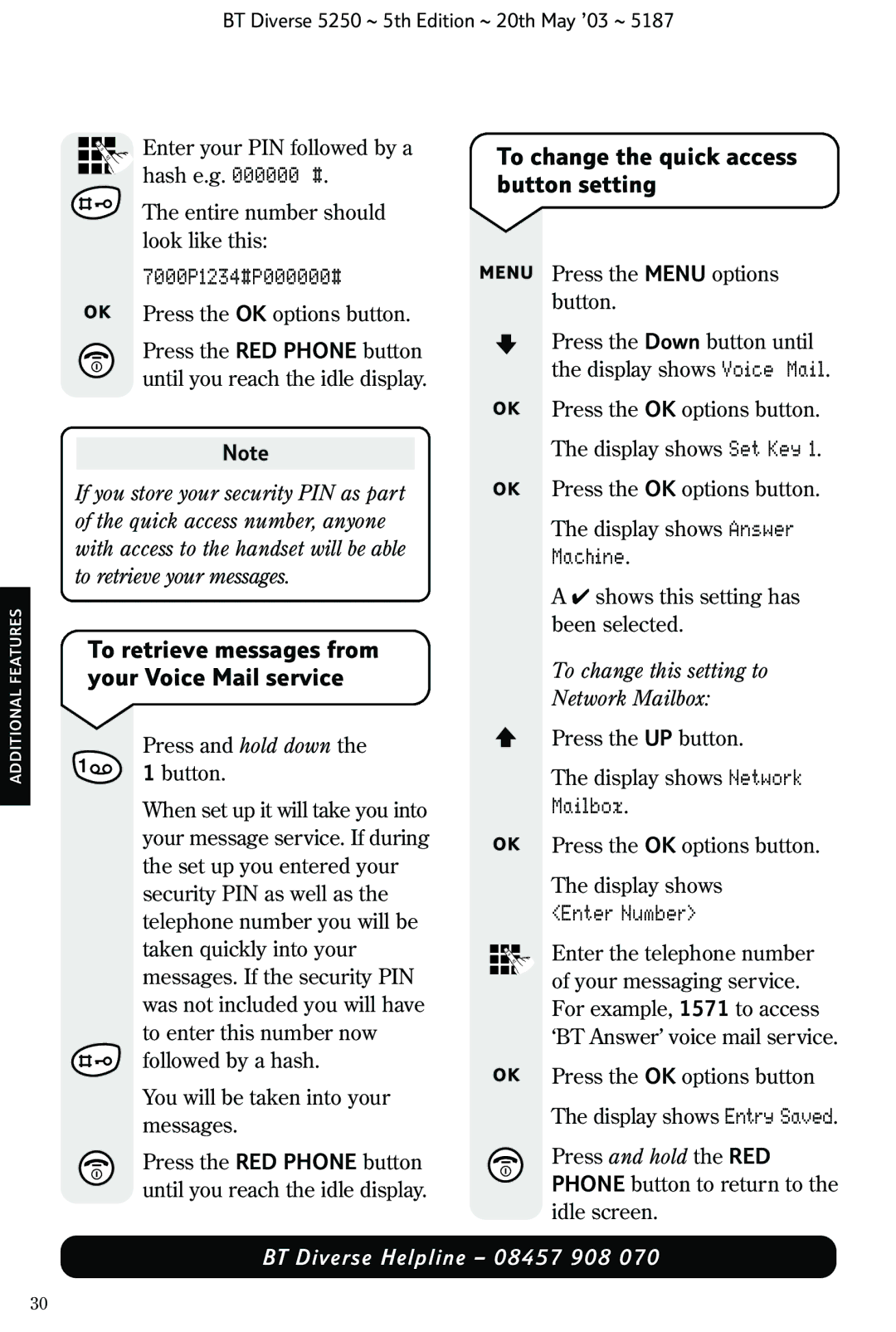 BT Diverse 5250 manual To change the quick access button setting, 7000P1234#P000000#, Machine, Enter Number 