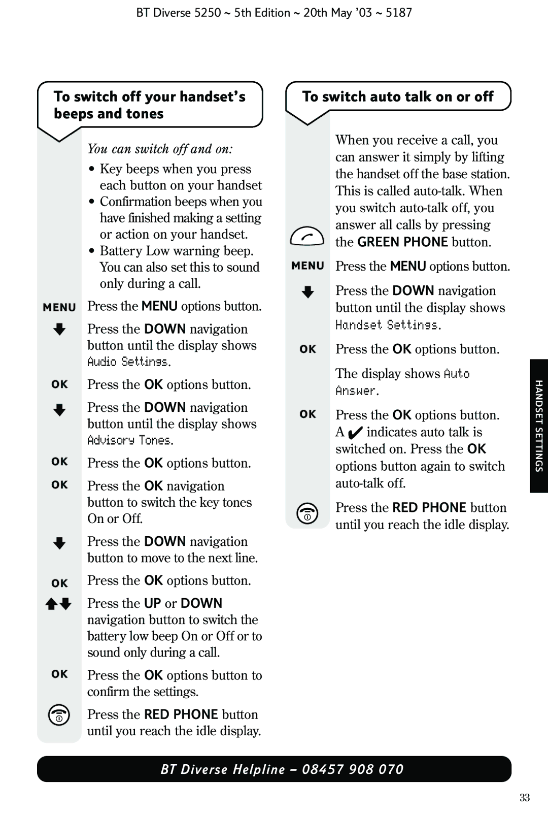 BT Diverse 5250 manual To switch off your handset’s beeps and tones, To switch auto talk on or off, Audio Settings, Answer 