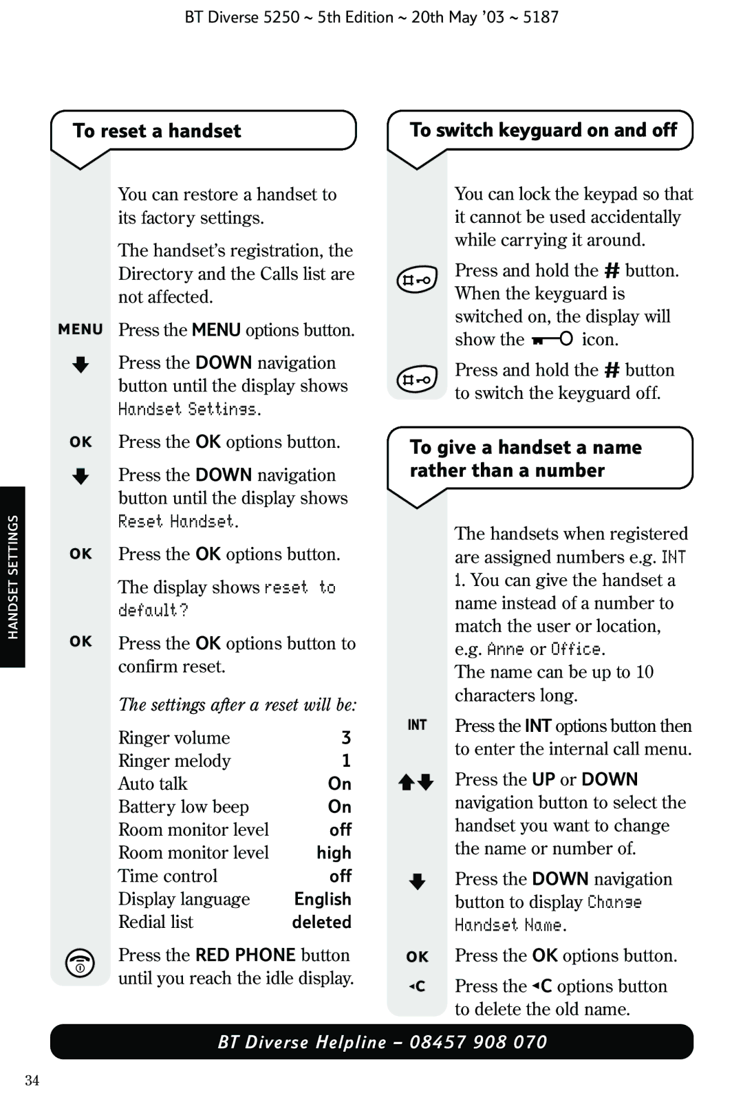 BT Diverse 5250 manual To reset a handset, Default?, Anne or Office, Handset Name 