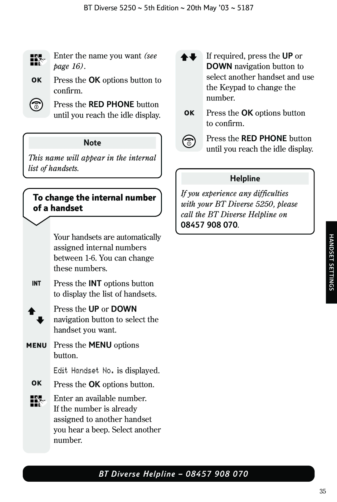 BT Diverse 5250 manual To change the internal number of a handset, Edit Handset No. is displayed 