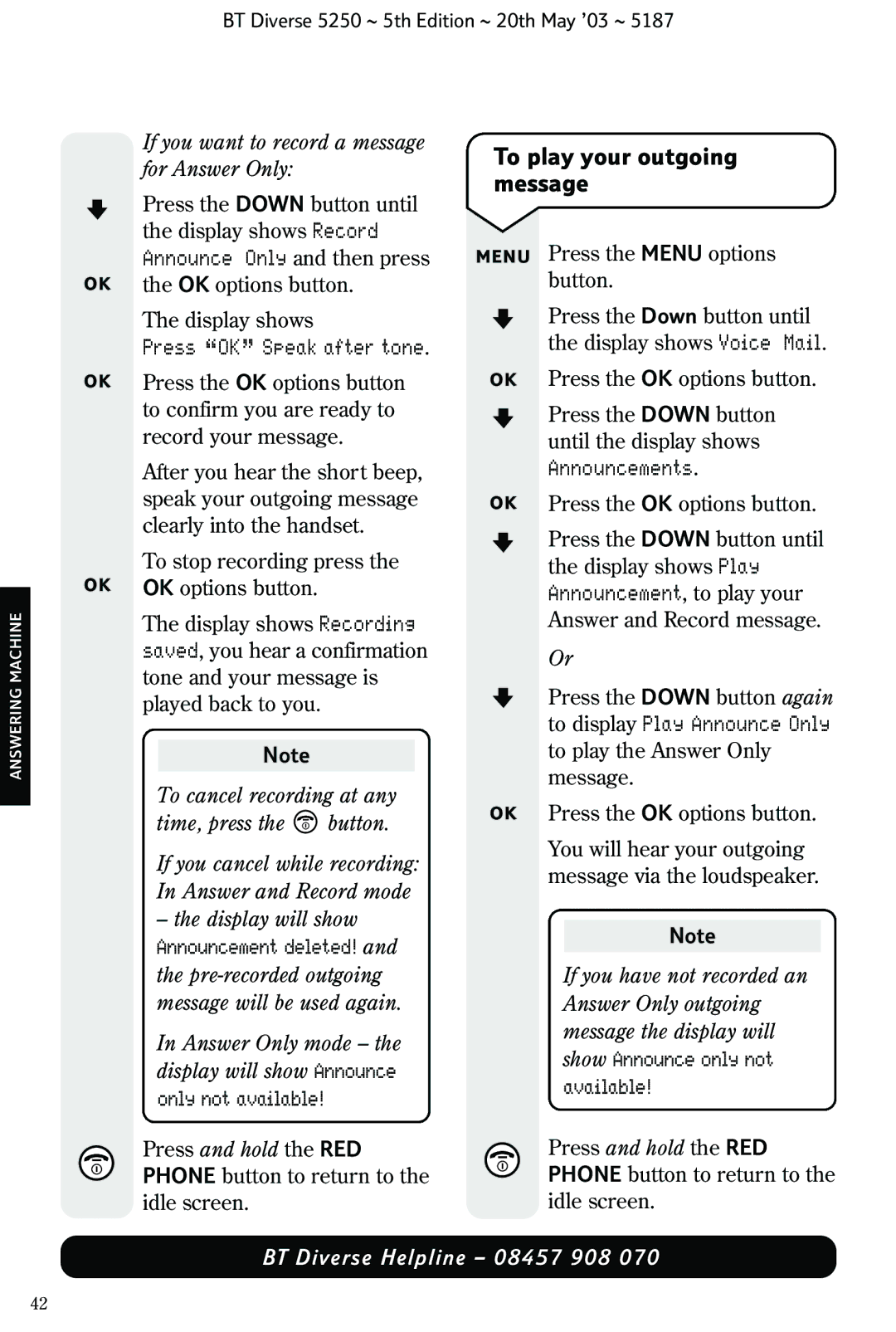 BT Diverse 5250 manual To play your outgoing message, Announce Only and then press, Press OK Speak after tone 