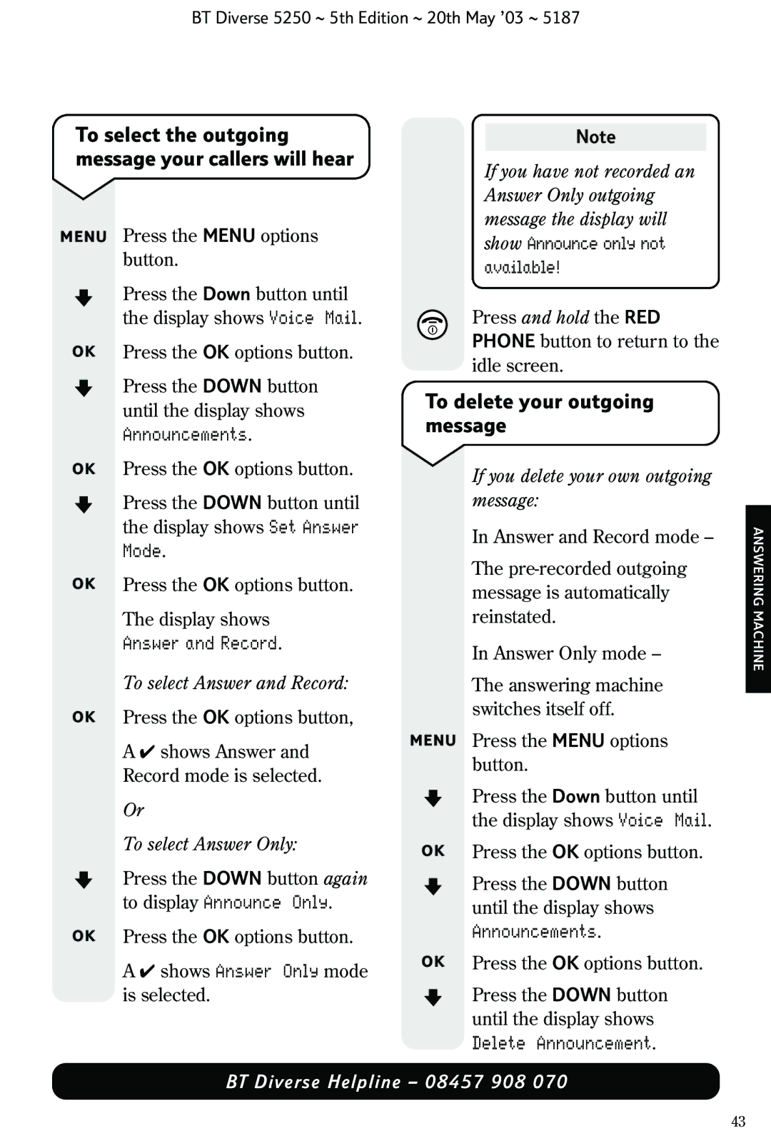 BT Diverse 5250 manual To delete your outgoing message, Announcements, Mode, Answer and Record 