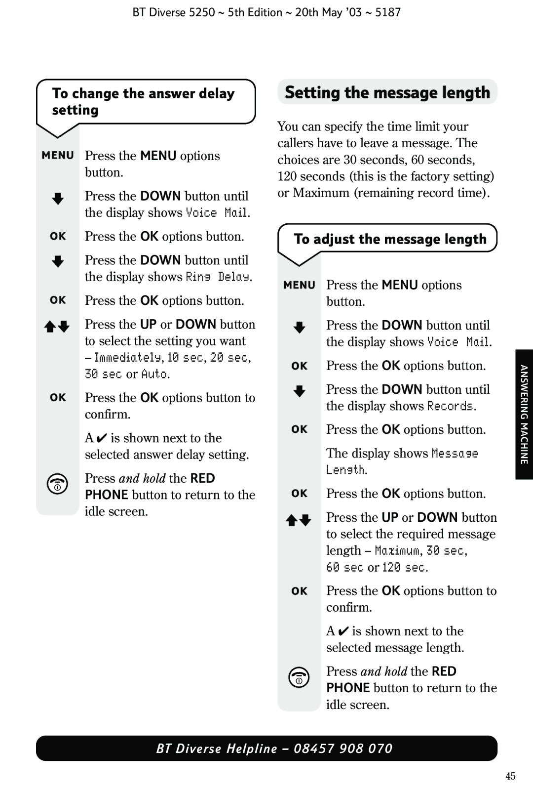 BT Diverse 5250 manual Setting the message length, To change the answer delay setting, To adjust the message length 