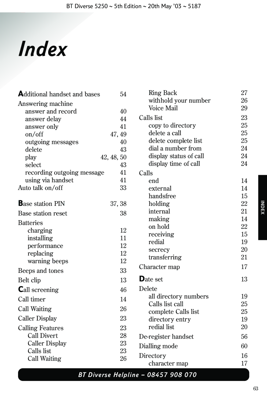 BT Diverse 5250 manual Index 