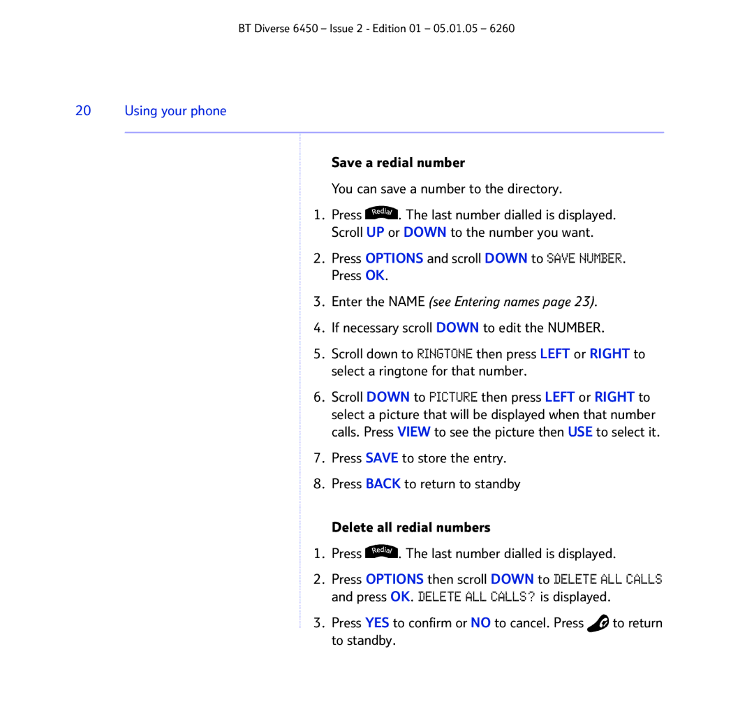 BT Diverse 6450 manual Save a redial number You can save a number to the directory 