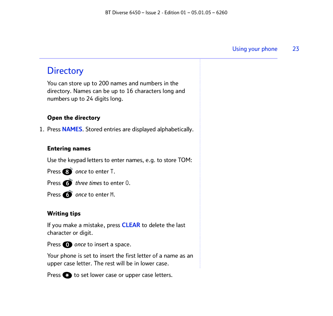 BT Diverse 6450 manual Directory, Press to set lower case or upper case letters 