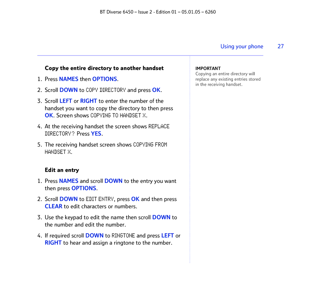 BT Diverse 6450 manual Scroll Down to Copy Directory and press OK 