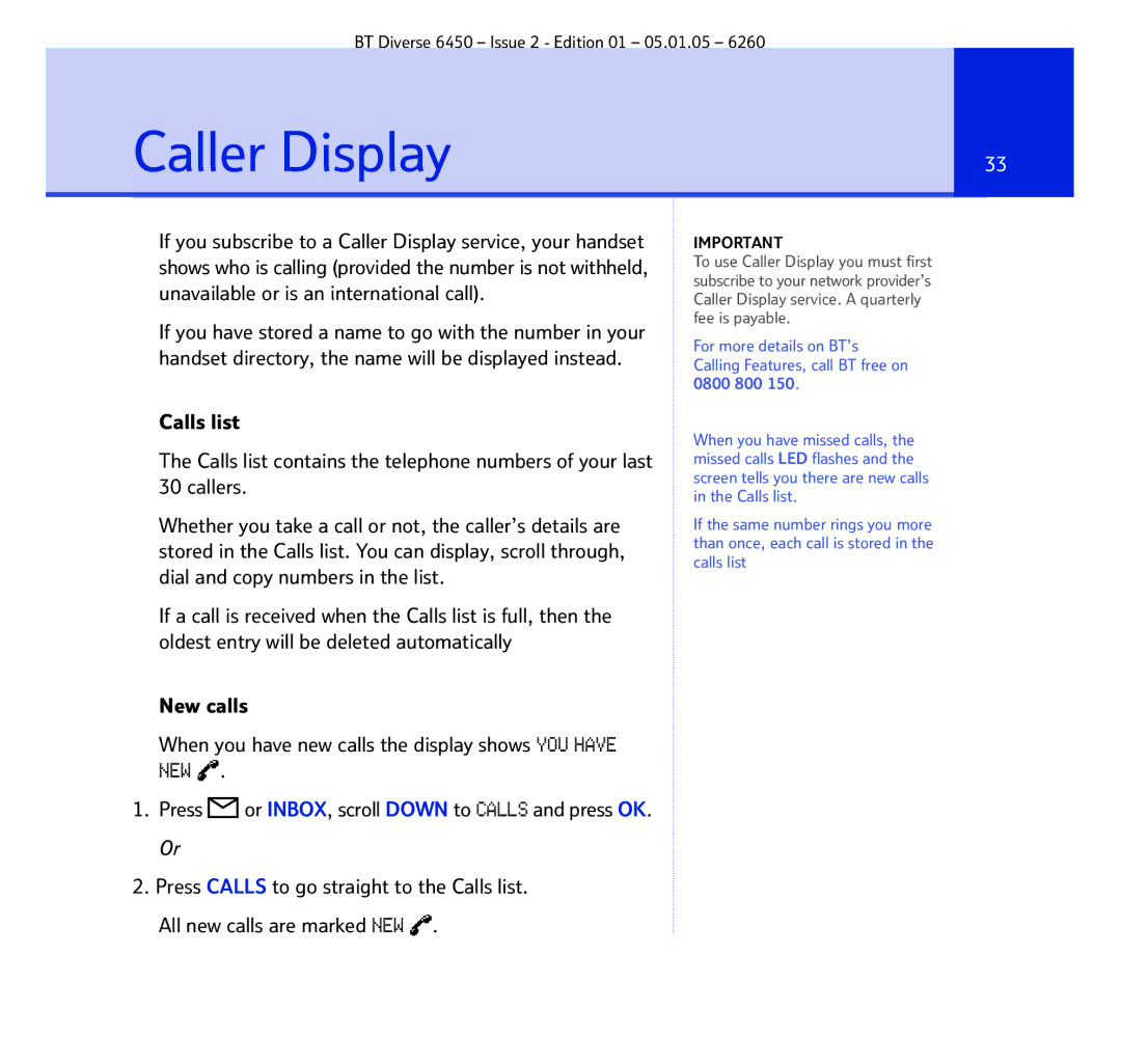 BT Diverse 6450 manual Caller Display 