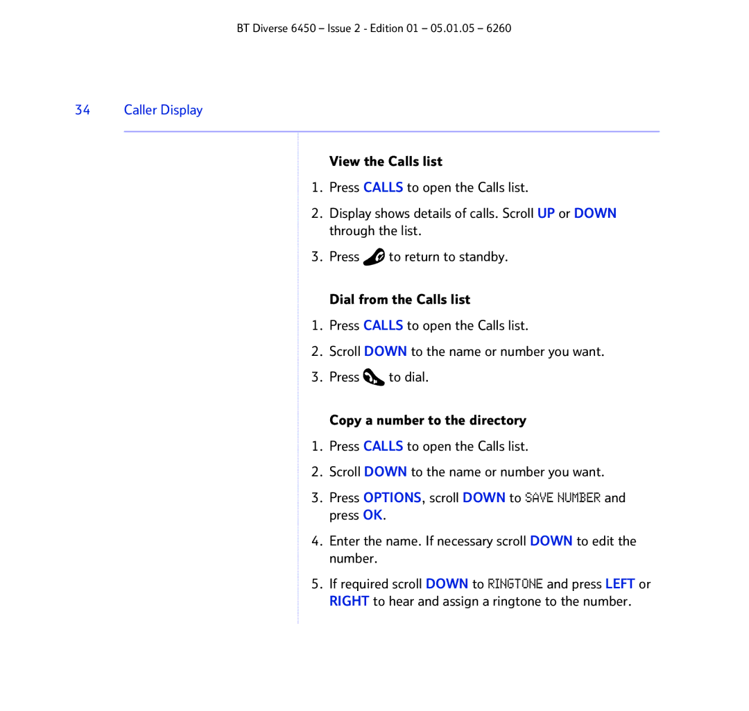 BT Diverse 6450 manual Caller Display 