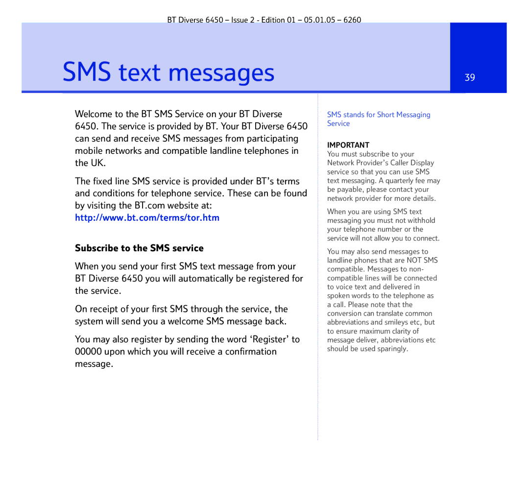 BT Diverse 6450 manual SMS text messages, SMS stands for Short Messaging Service 