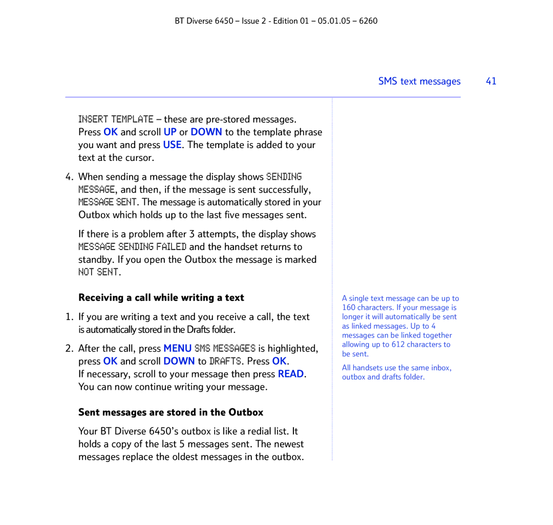 BT Diverse 6450 manual Outbox which holds up to the last five messages sent, Sent messages are stored in the Outbox 