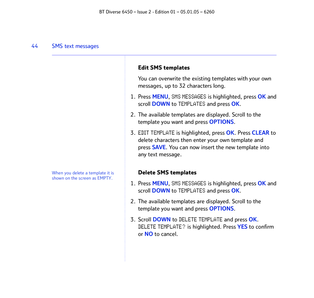 BT Diverse 6450 manual Edit SMS templates 