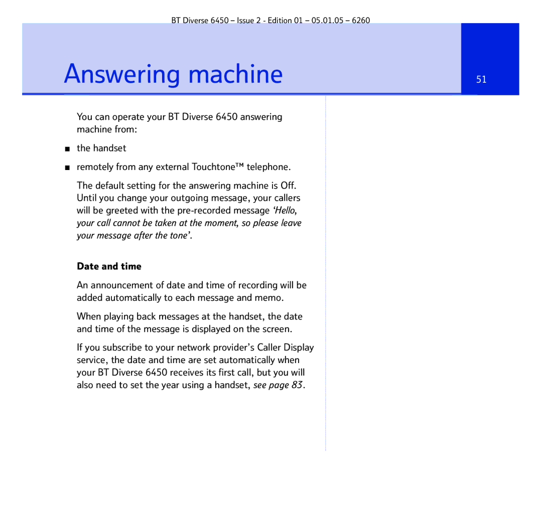 BT Diverse 6450 manual Answering machine, Date and time 