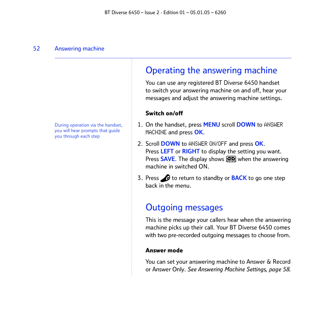 BT Diverse 6450 manual Operating the answering machine, Outgoing messages, Answering machine, Answer mode 