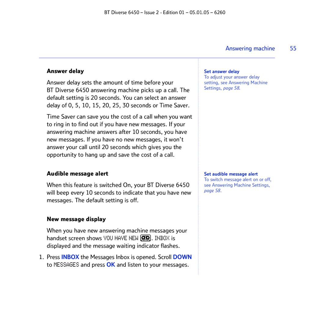 BT Diverse 6450 Answer delay sets the amount of time before your, When this feature is switched On, your BT Diverse 