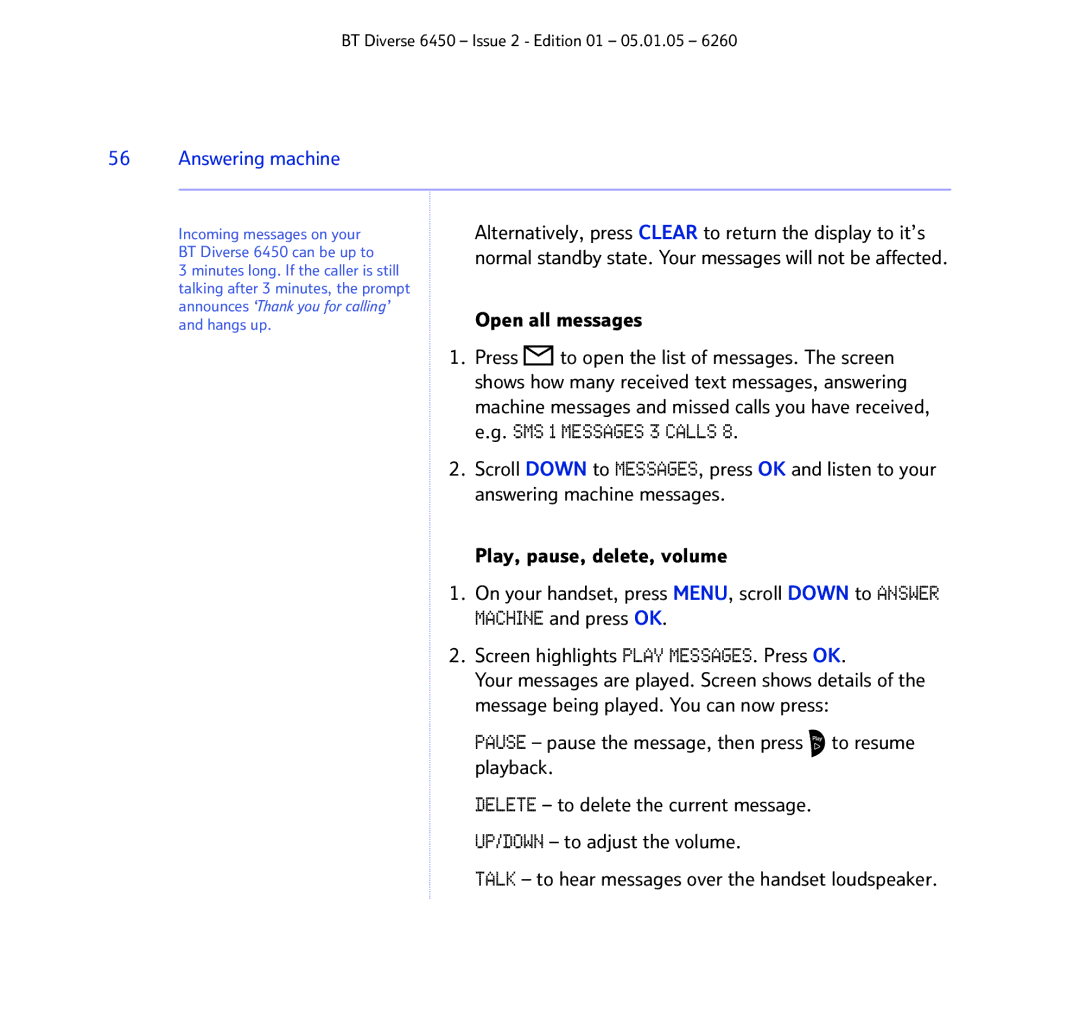 BT Diverse 6450 manual Open all messages, Press To open the list of messages. The screen, Answering machine messages 