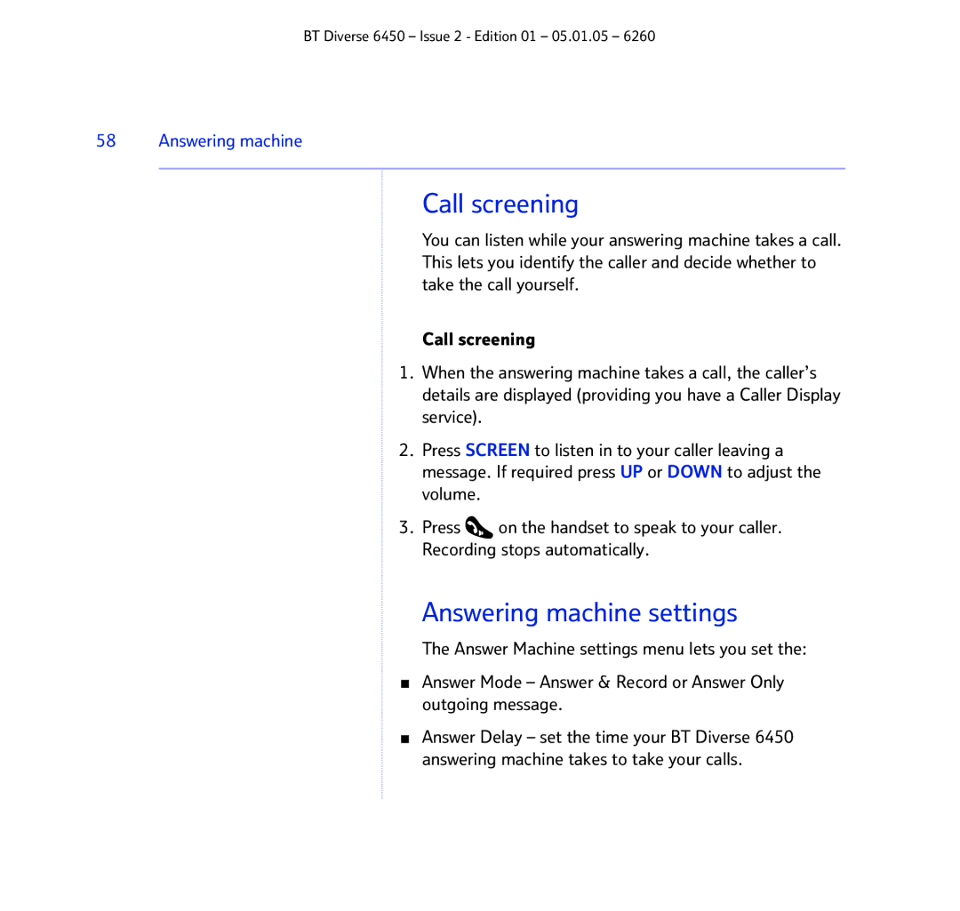 BT Diverse 6450 manual Call screening, Answering machine settings 