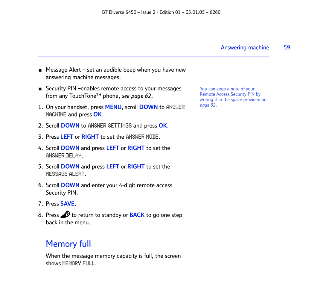 BT Diverse 6450 manual Memory full, Message Alert 