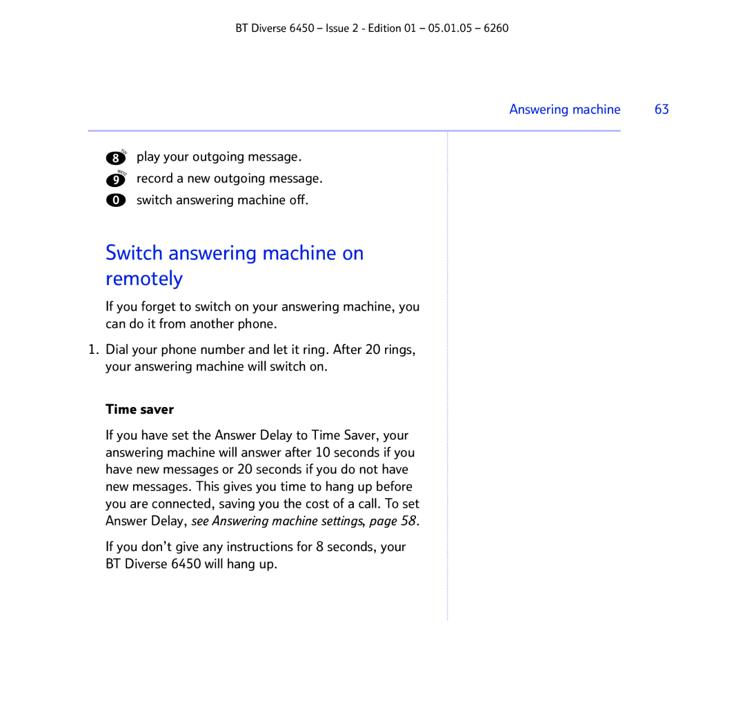 BT Diverse 6450 manual Switch answering machine on remotely, Switch answering machine off 
