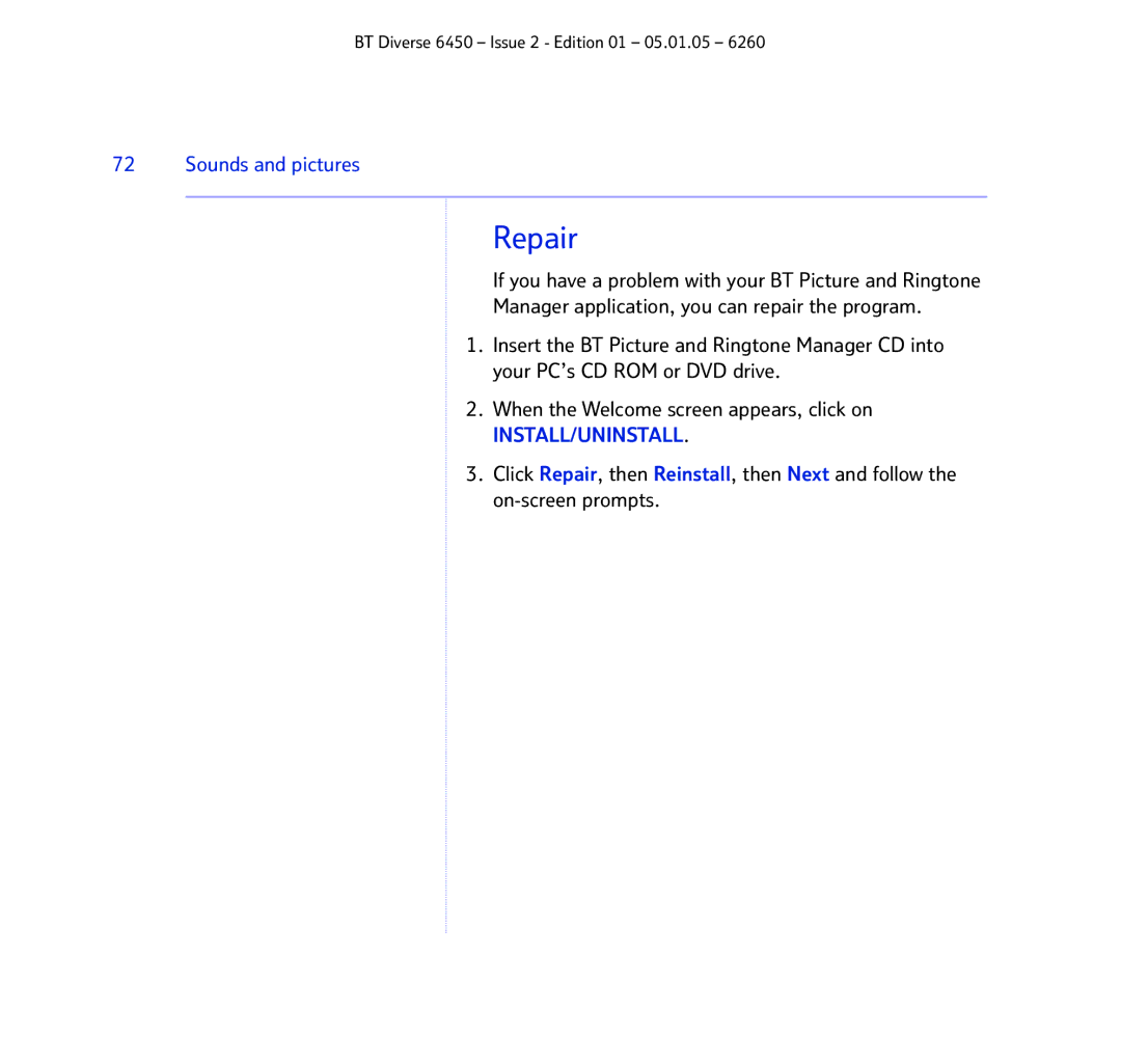 BT Diverse 6450 manual Repair, Install/Uninstall 