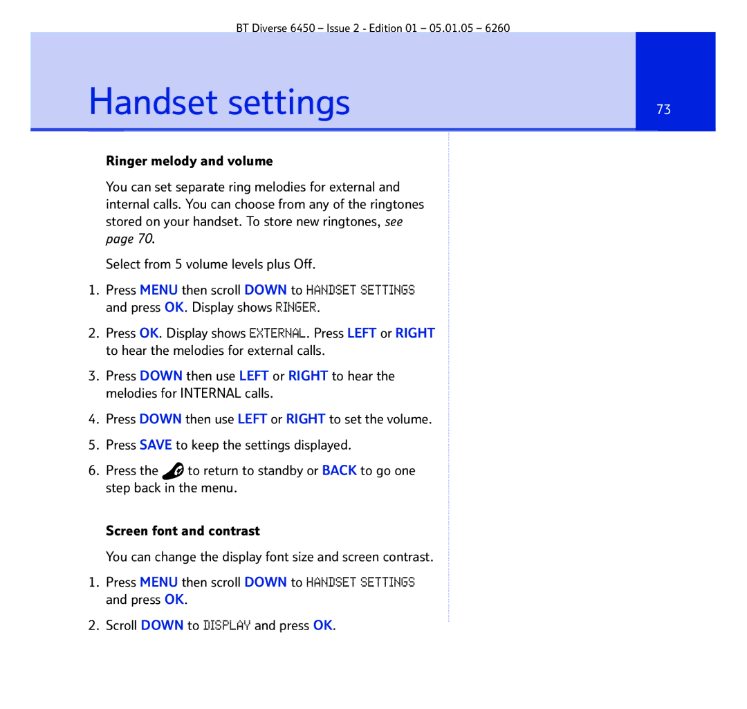 BT Diverse 6450 manual Handset settings, Ringer melody and volume, Select from 5 volume levels plus Off 