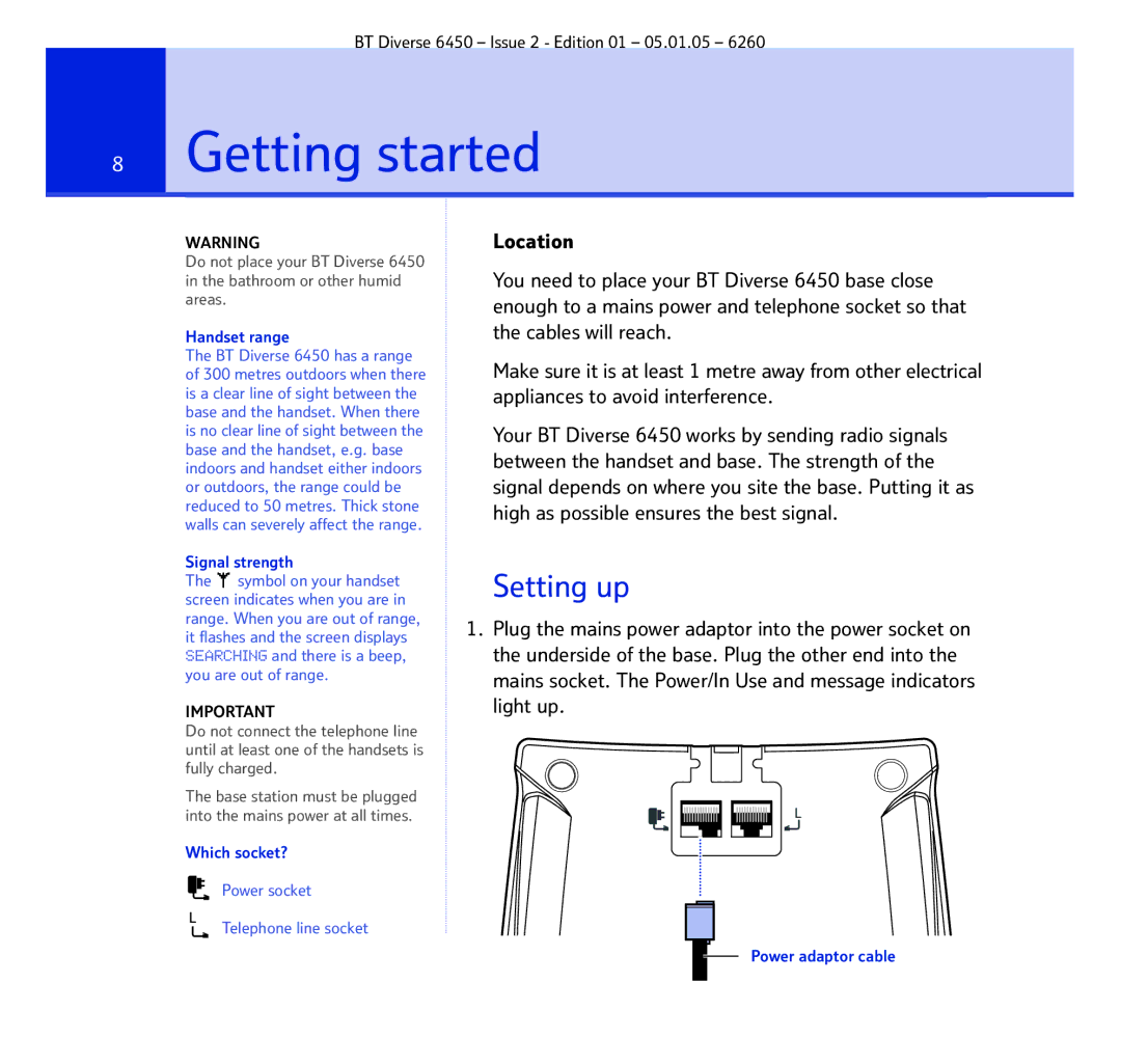 BT Diverse 6450 manual Getting started, Setting up 